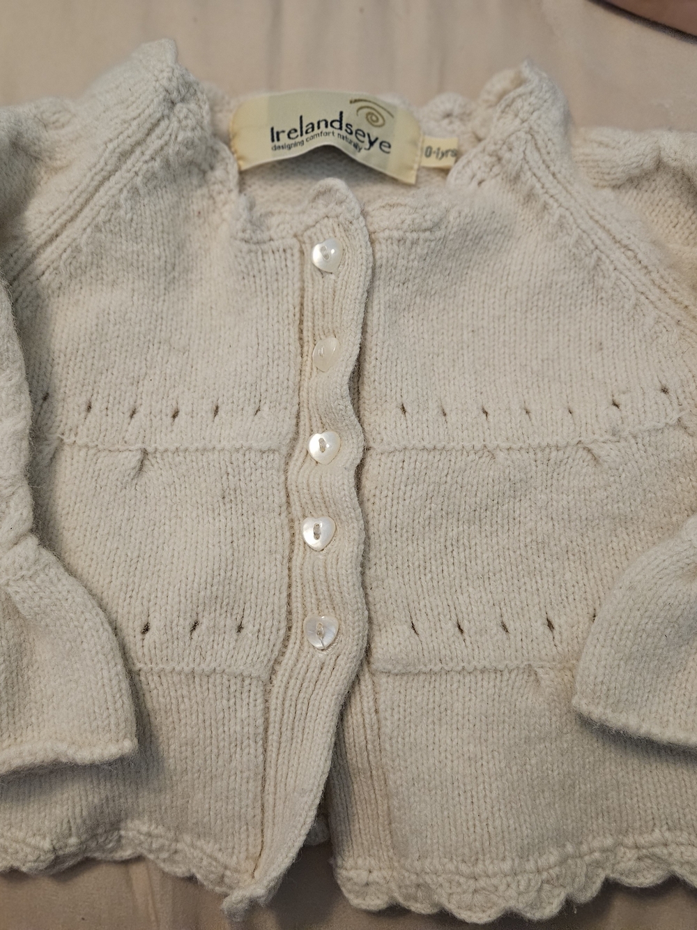 Irelandseye Cream Knit Baby Cardigan with Heart Buttons